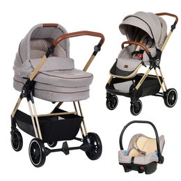 A versatile 3-in-1 baby stroller in light grey with beige accents, featuring a bassinet, reversible seat, and car seat compatibility for a comfortable and convenient travel experience.