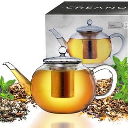 Glass teapot with 1.6L capacity, flat design, and stainless steel accents.