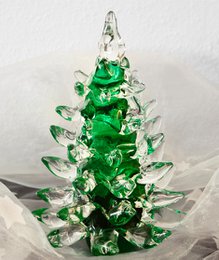  Green glass Christmas tree figurine with clear crystal leaves, decorative holiday ornament, festive tabletop decoration