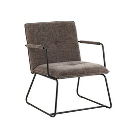 Gray chenille armchair with a modern, minimalist design featuring a sturdy metal frame.