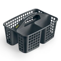 Black plastic basket with handle for storing and transporting cleaning products.