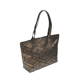 A geometric handbag with a triangular pattern in shades of brown and black. The bag has a zipper closure and a black leather strap.
