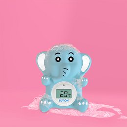 Digital bath thermometer in the shape of a cute blue elephant. Measures water temperature for safe baby baths.