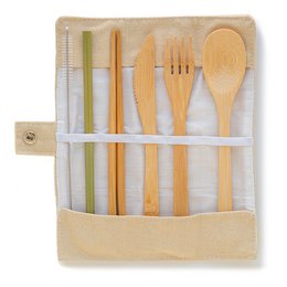 Bamboo cutlery set, includes a variety of bamboo utensils such as forks, knives, and spoons, suitable for everyday use in the kitchen.