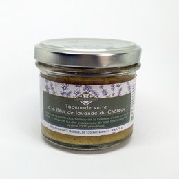 Green tapenade with organic lavender flower - a savory spread with a floral and herbal flavor profile.
