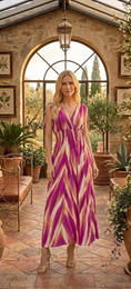Flowy maxi dress, fuchsia gold ikat pattern, long sleeves, bohemian style, elegant draping