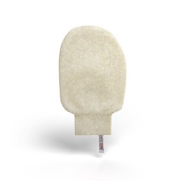 Exfoliating glove made of natural materials for gentle skin cleansing. Oval-shaped with soft, plush texture.