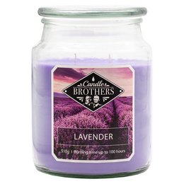 A tall, round lavender-scented candle in a glass jar with a black and gold label.