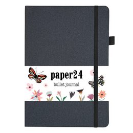 A5 size grey dot grid notebook with floral and butterfly design on the cover.