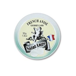 White round tin containing white bonbon candies with a label featuring a vintage illustration of a woman and the text "Pastilles d'Anjo Saint Lingo".