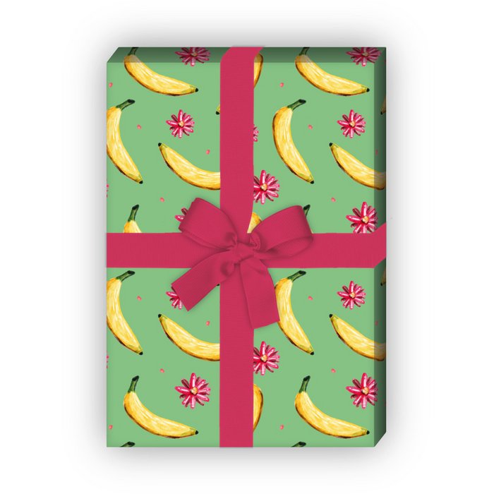 4 fogli piccoli: divertente carta da regalo estiva con banane e fiori, verde