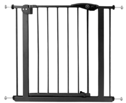  Adjustable safety gate for stairs, available in black or white, with clamp mounting for easy installation without drilling.