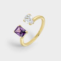 Yellow gold-plated silver ring with rectangular amethyst and white zirconia
