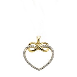 Elegant gold-tone pendant in the shape of a heart with a decorative infinity symbol and sparkling crystals. Suitable for necklaces or other jewelry.