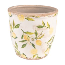 A round, ceramic flowerpot with a floral pattern featuring yellow flowers and green leaves. The pot measures approximately 17 cm in diameter and 16 cm in height.