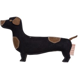 Plush dachshund-shaped pet toy in black and brown colors. Soft, textured material with detailed features like legs, body shape, and facial features. Suitable for interactive play and chewing.