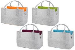 A set of 4 felt bags in various colors, including orange, green, purple, and blue. The bags feature a simple, minimalist design with a gray felt body and contrasting colored handles. Suitable for everyday use as a tote or shopping bag.