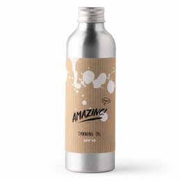 'Tanning Oil SPF10 | reef safe | vegan'
colors: light brown, silver
materials: glass, paper
style: simple, minimalist
shape: cylindrical
This tanning oil is packaged in a cylindrical glass bottle with a simple, minimalist design. The label features a light brown paper material with silver text and graphics, indicating that the product is reef safe and vegan.