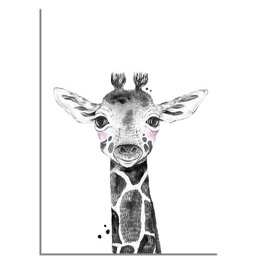 Giraffe children's room poster, black and white wall art featuring a close-up portrait of a giraffe with large eyes and distinctive features. Available in various sizes and framing options.