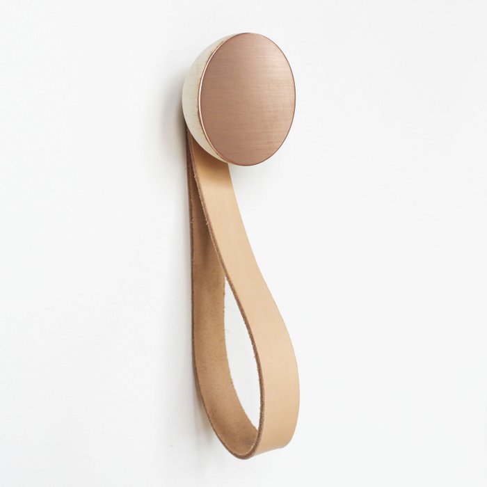 Round Beech Wood & Copper Wall Hook / Hanger with Leather Loop