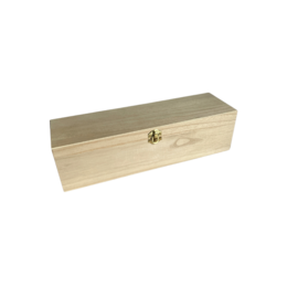  Wooden wine box for 1 bottle, made of natural wood material, rectangular shape, with a hinged lid and a metal clasp closure.