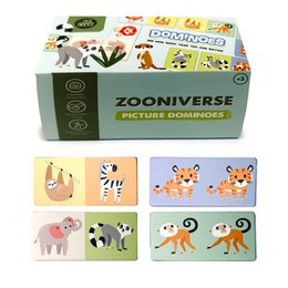  Colorful wooden dominoes set featuring various animal illustrations. Includes a variety of shapes, patterns, and animal designs suitable for young children to play and learn.