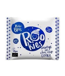 Organic cookie with orange and chocolate chip flavors, packaged in a winter-themed design with snowflakes.