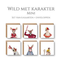 A set of 6 mini cards featuring whimsical, character-filled illustrations of wild animals. The cards showcase a variety of colors, materials, and stylized shapes that capture the playful and expressive nature of the wild creatures depicted.