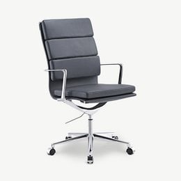 Grey leather and chrome office chair with a tall, rectangular backrest and swivel base.