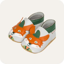  Soft leather baby slippers with a Robin Hood Fox design, available in sizes 0-6 months to 3-4 years.