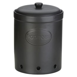 A matte black potato storage jar with a round, cylindrical shape and a lid. The jar is designed for storing potatoes and has ventilation holes on the sides.