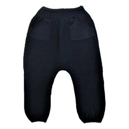 Navy blue pants made of 100% merino wool with pockets, suitable for babies in sizes 56-68 and 74-80.
