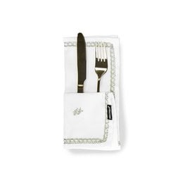 White square napkin with decorative gold border.