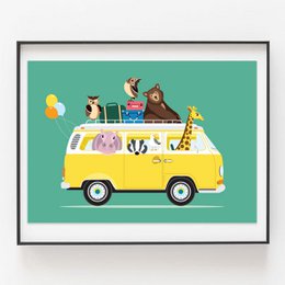 Volkswagen busje poster dieren turquoise A3
