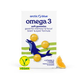  Vegan Omega-3 gummies with vitamin D and iodium, in a soft gummy format for brain and heart health.