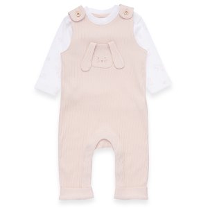 Baby romper set - shirt en romper met borstzak in structuurmateriaal - wit en roze