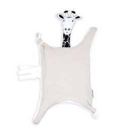 Soft, plush giraffe swaddle comforter in neutral colors. Features a giraffe head design and cozy, snuggly material for baby.