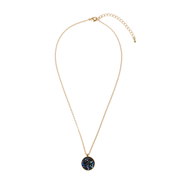 Gold-tone necklace with a round pendant featuring a dark blue crystal-embellished design.