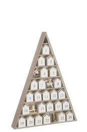 Wooden advent calendar with 24 small house-shaped compartments in a triangular arrangement, in a natural and white color scheme.