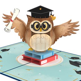 Whimsical pop-up card featuring an owl wearing a graduation cap, perched on a stack of books. The card has a playful, educational theme.