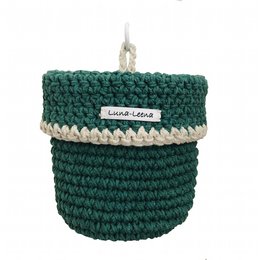 A round, hanging plant pot made of hand-crocheted cotton in a pine green color, with a height of 12cm and a diameter of 12cm. The pot features a striped pattern with beige and green tones.