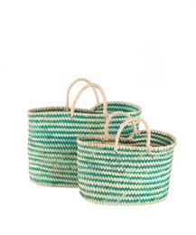  Woven wicker shopping bags in a striped green and white pattern, with sturdy rope handles.
