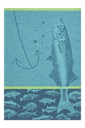 Teal and green kitchen towel with fish design, suitable for kitchen and dining room decor.