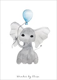 Whimsical gray elephant plush toy with blue balloon, suitable for wall art or nursery decor.