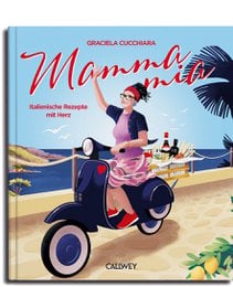 Cookbook featuring Italian recipes with heart, showcasing a woman on a scooter against a tropical backdrop.