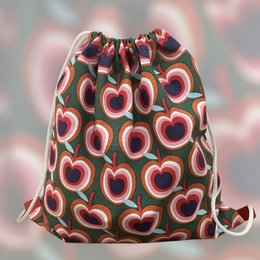  Canvas cotton drawstring backpack with red heart pattern, green red handmade Nepal kids gym bag.