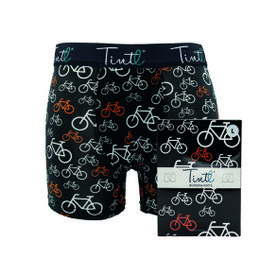 Black and white boxer shorts with a repeating bicycle pattern, suitable for men.