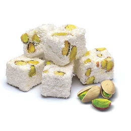 Soft, chewy gummy candies in a classic milky flavor, with a scattering of pistachio nuts for a delightful crunch and nutty taste.
