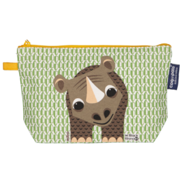 A green and yellow patterned pencil case featuring a cute rhinoceros design, suitable for kids.