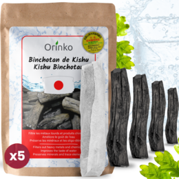 Binchotan charcoal water filters from Ubame oak in Wakayama, Japan. Purifies water without releasing particles. Floats in water due to its high density.